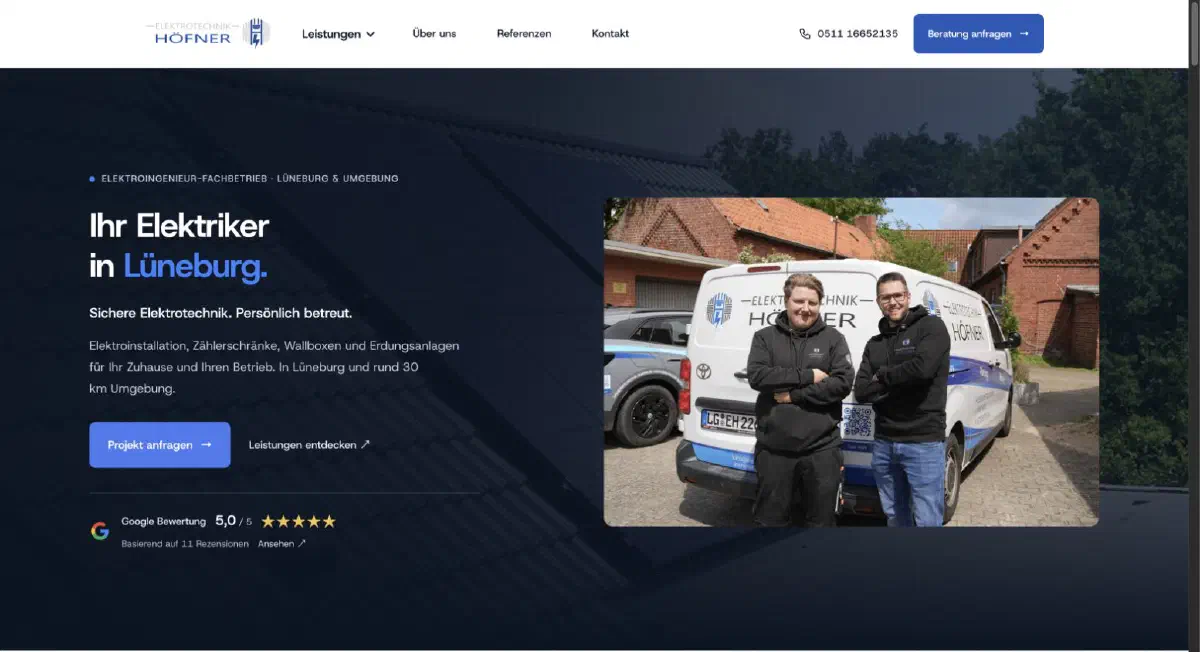 Veröffentlichte Website von Elektrotechnik Höfner, umgesetzt von SINISTAR MEDIA